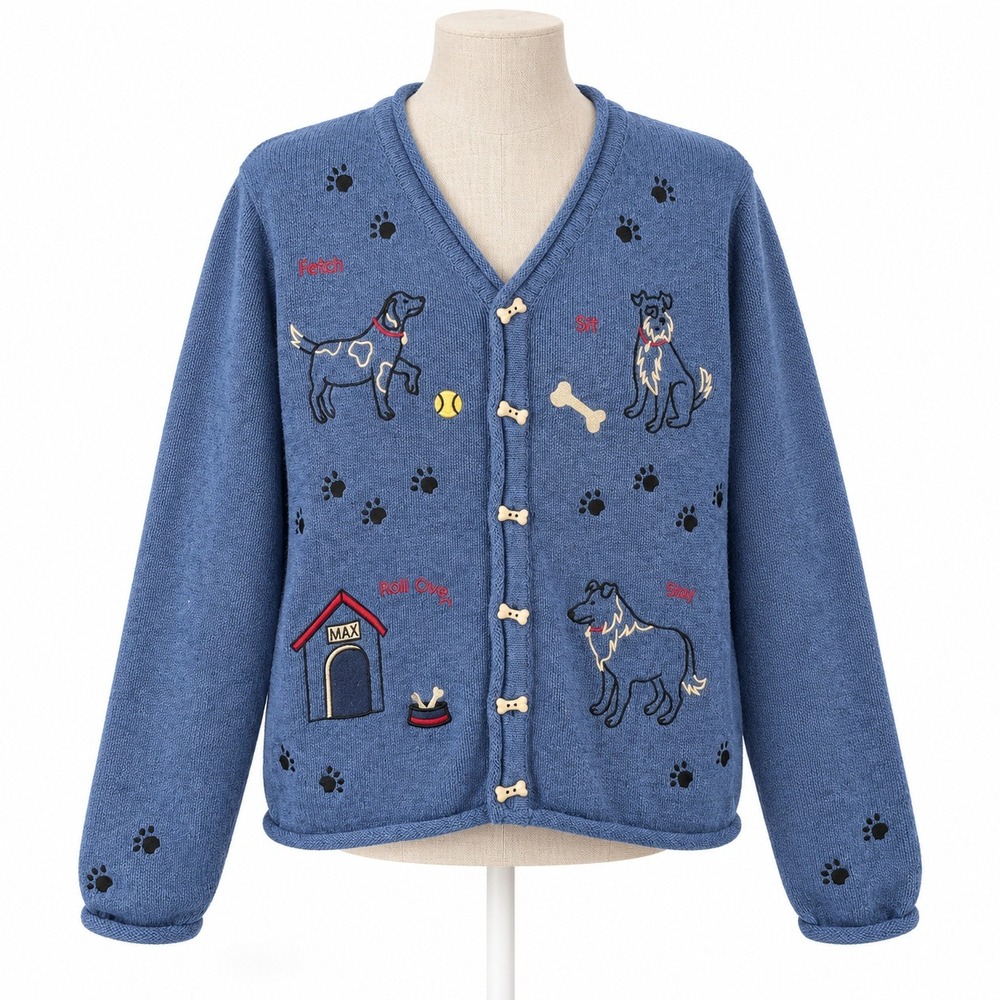 Vintage 90s Embroidered Puppy Dog Bone Button Cardigan Sz M Novelty Cottagecore